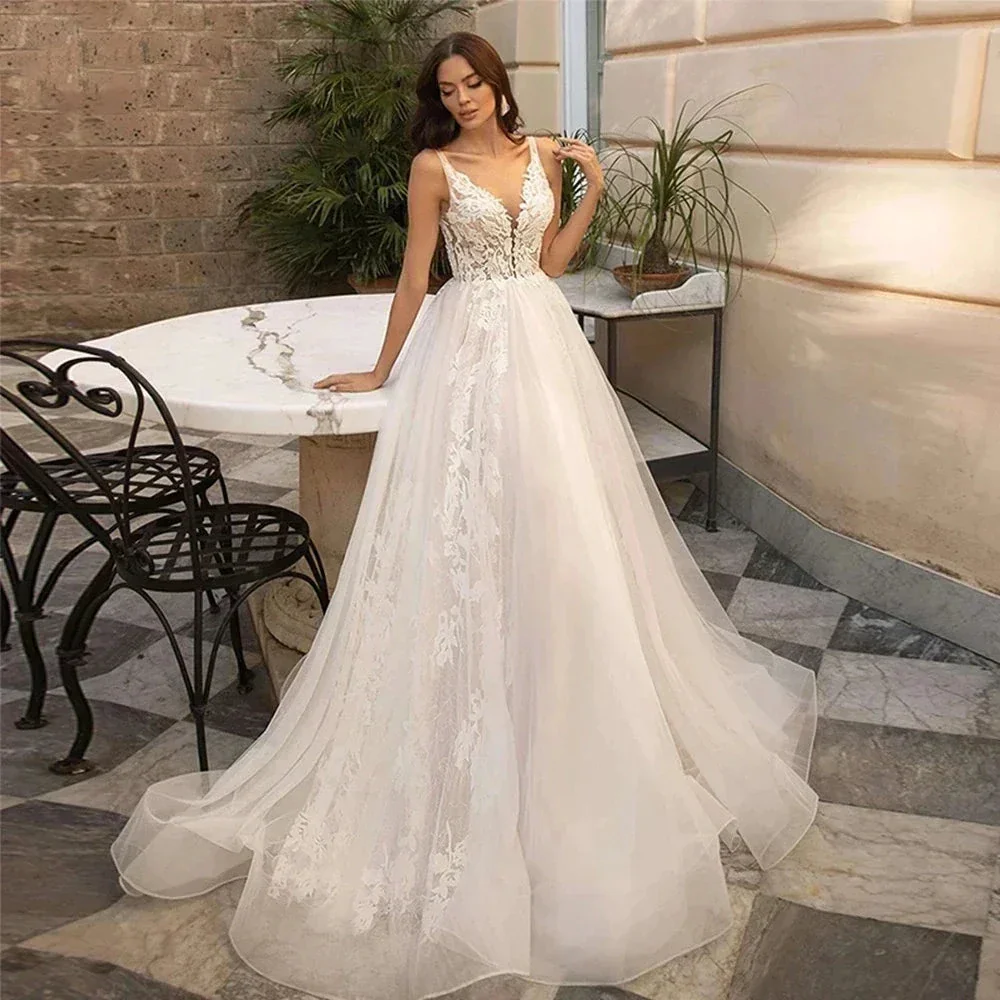 Gorgeous Deep V-neck Sleeveless Chapel Train A-Line Mopping Wedding Dresses New Luxury Sweetheart Sexy Lace Pretty Wedding Gown - Image 3