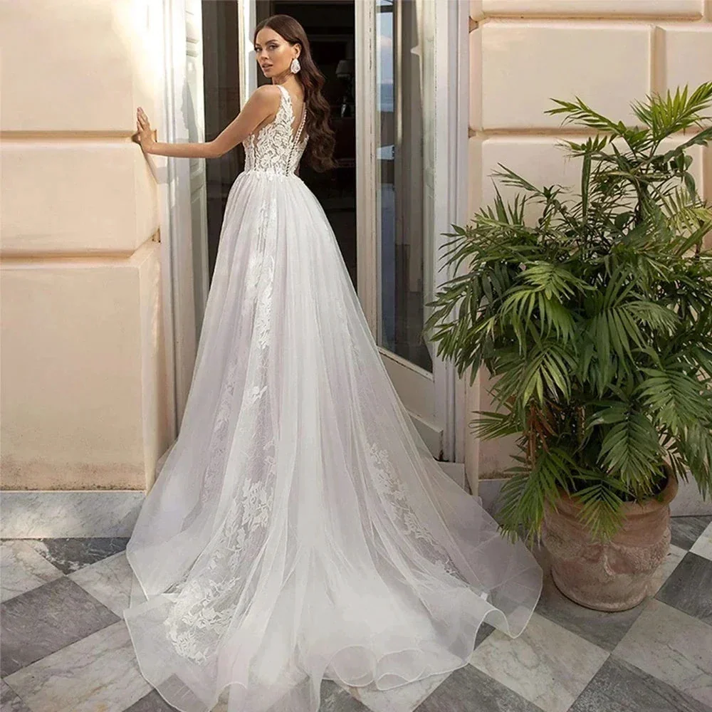 Gorgeous Deep V-neck Sleeveless Chapel Train A-Line Mopping Wedding Dresses New Luxury Sweetheart Sexy Lace Pretty Wedding Gown - Image 4