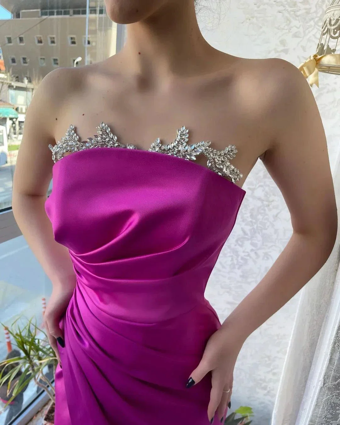 Gorgeous Fuchsia Strapless Crystal Prom Dress With Slit - Image 2