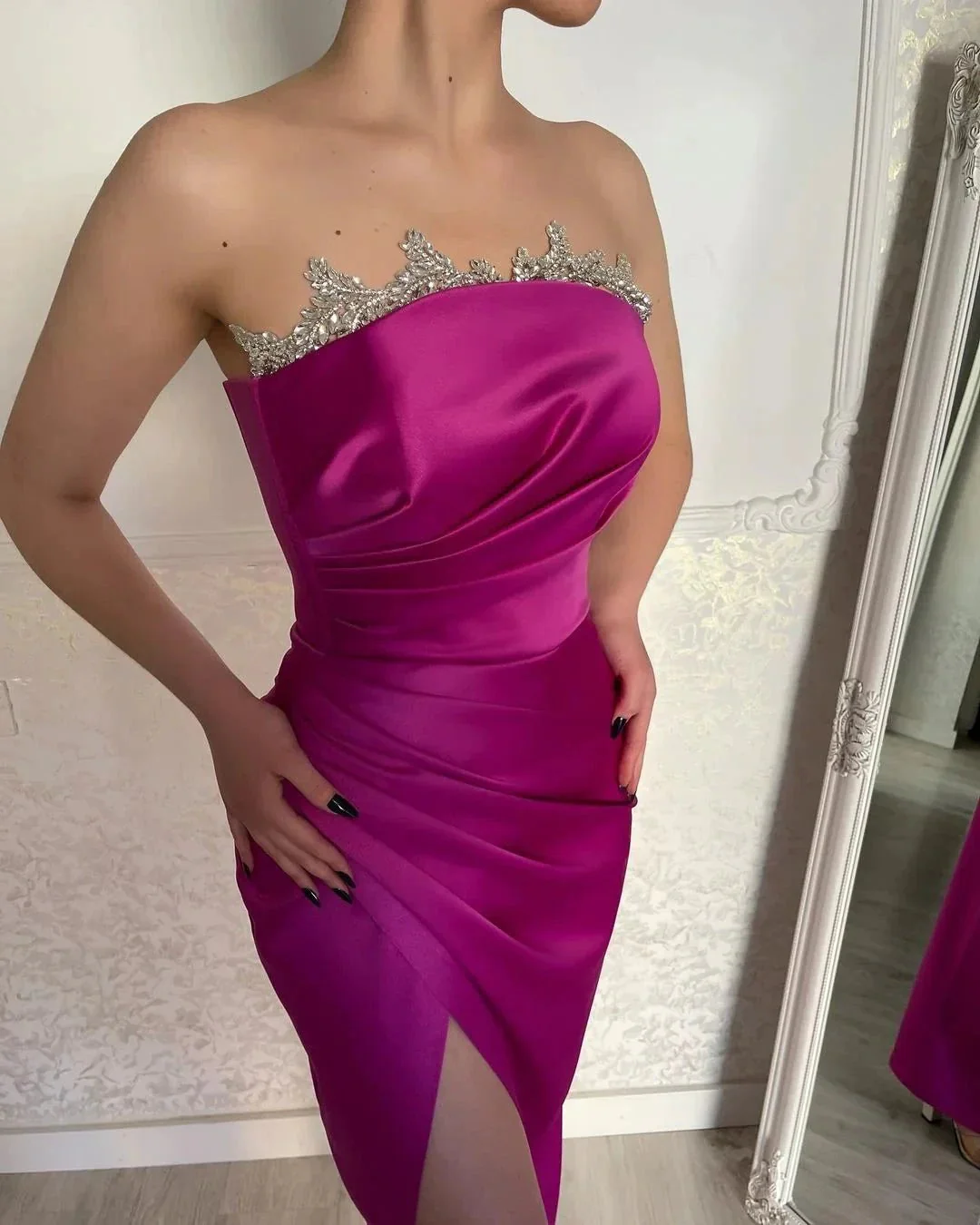 Gorgeous Fuchsia Strapless Crystal Prom Dress With Slit - Image 3