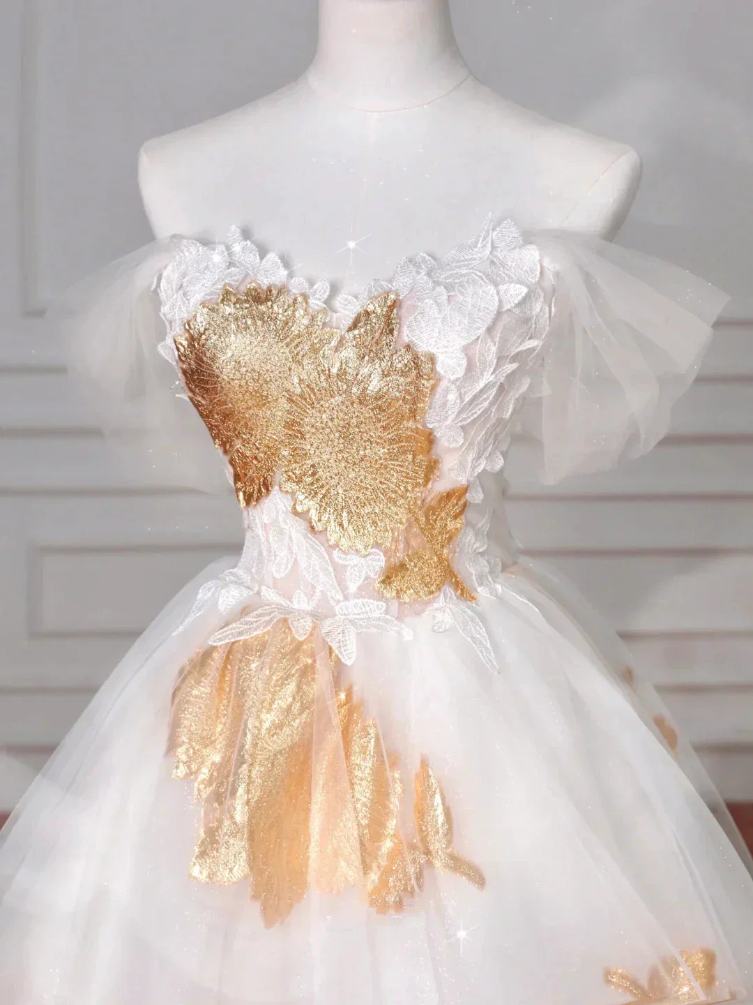 Gorgeous Gold Print Tulle Off The Shoulder Ball Gown A Line Prom Dress Evening Dress Y8618 - Image 2