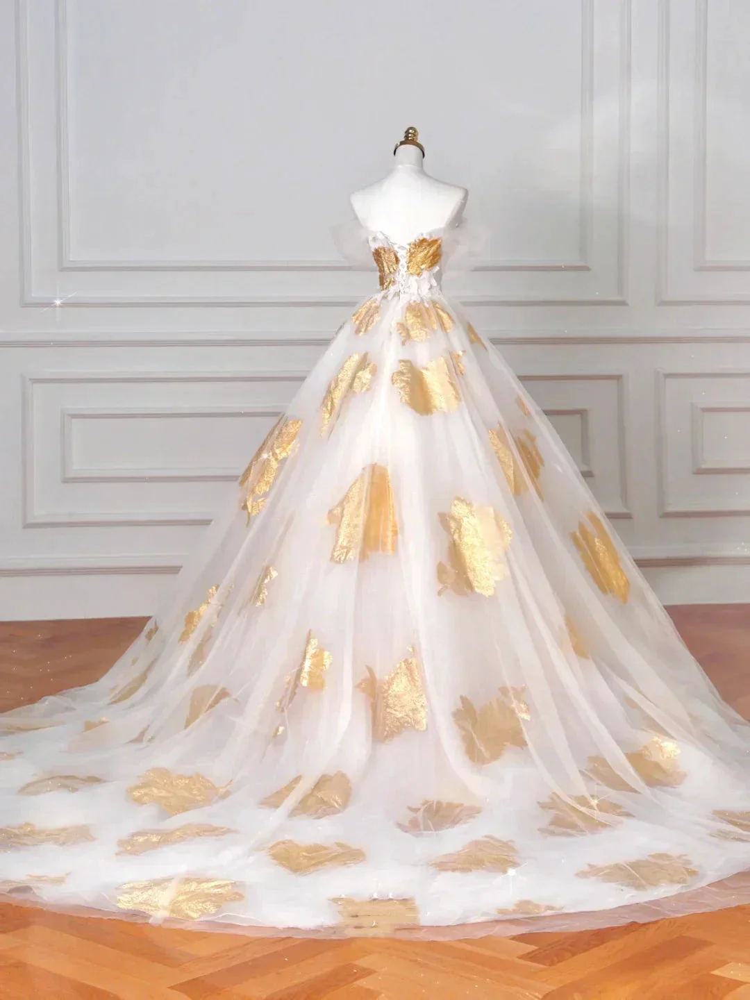 Gorgeous Gold Print Tulle Off The Shoulder Ball Gown A Line Prom Dress Evening Dress Y8618 - Image 3