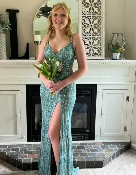 Gorgeous Green Spaghetti Straps Tulle Sequins Evening Gown Slit Prom Dress Y7919 - Image 2