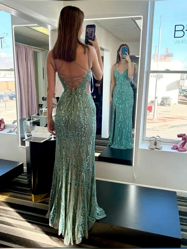 Gorgeous Green Spaghetti Straps Tulle Sequins Evening Gown Slit Prom Dress Y7919 - Image 3