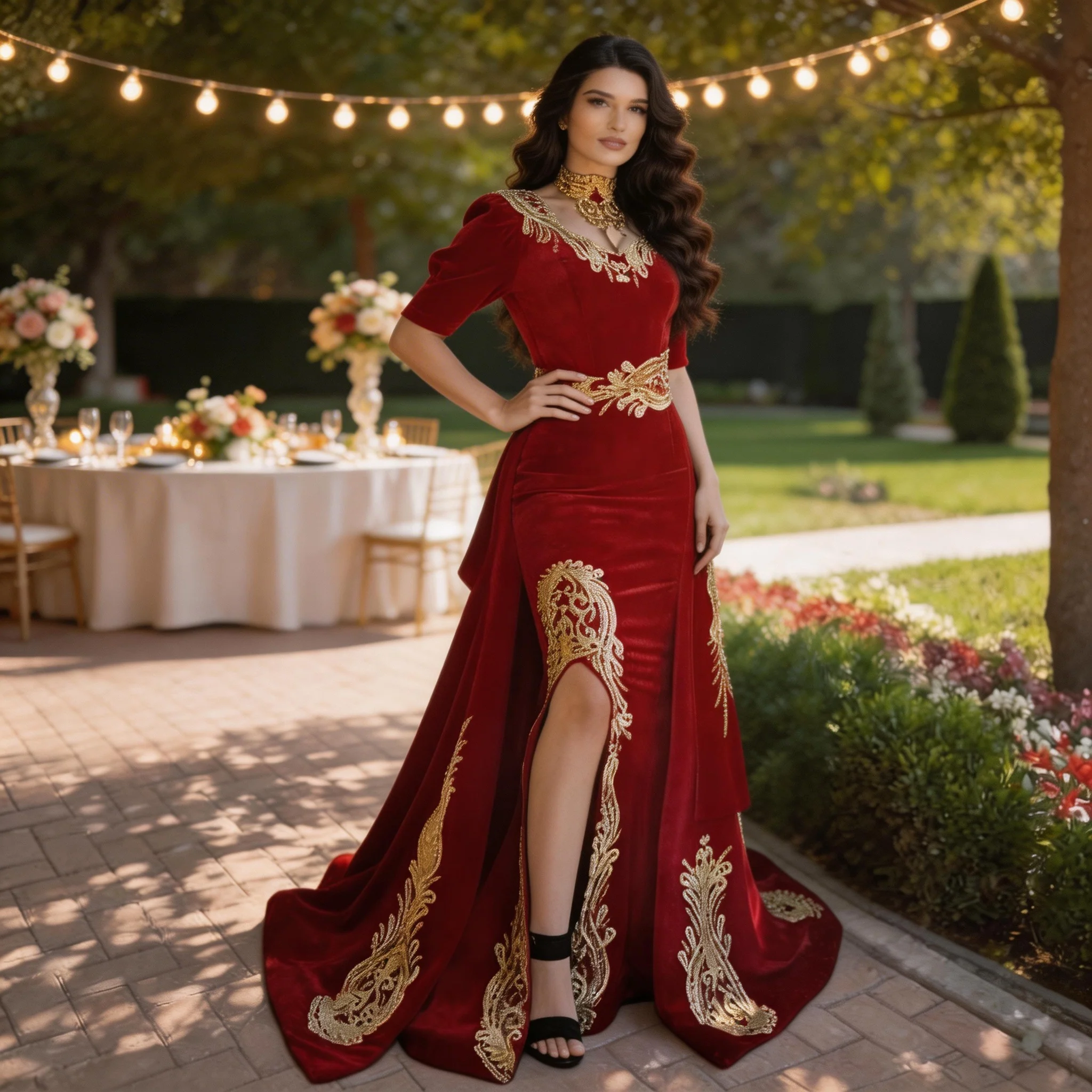 Gorgeous Halter Red Velvet Mermaid Evening Gown with Gold Appliques Half Sleeves