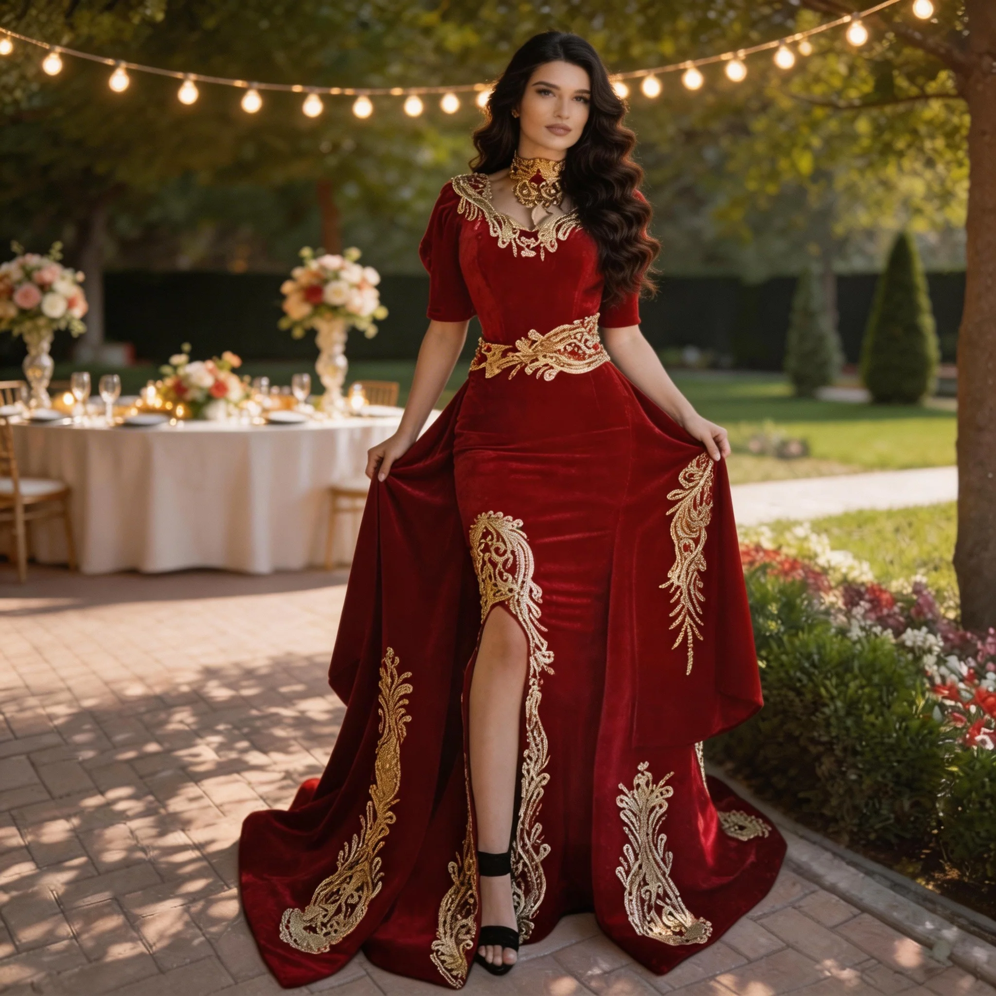 Gorgeous Halter Red Velvet Mermaid Evening Gown with Gold Appliques Half Sleeves - Image 2