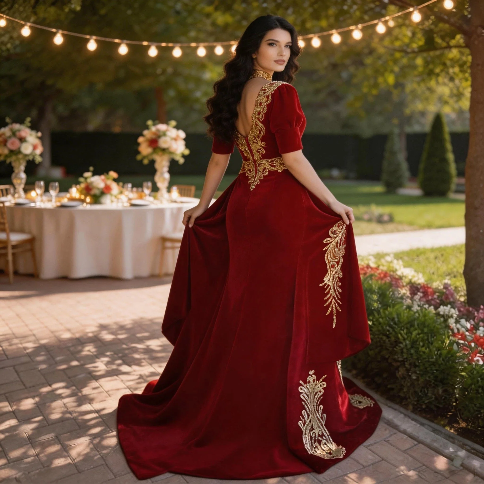 Gorgeous Halter Red Velvet Mermaid Evening Gown with Gold Appliques Half Sleeves - Image 4