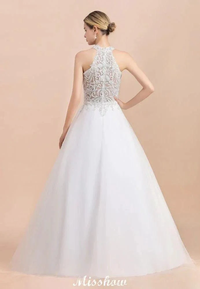 Gorgeous Halter Rhinstones Wedding Dress White Tulle Lace Appliques Aline Bridal Gown - Image 2