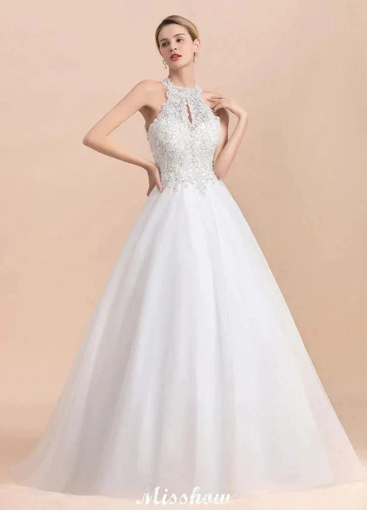 Gorgeous Halter Rhinstones Wedding Dress White Tulle Lace Appliques Aline Bridal Gown - Image 3