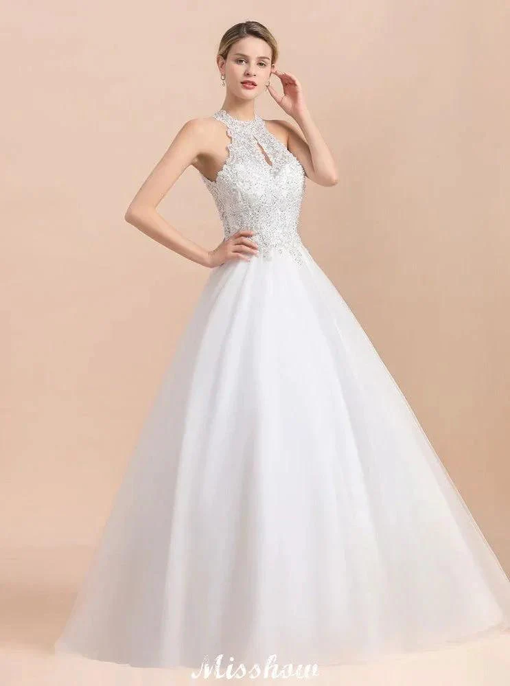 Gorgeous Halter Rhinstones Wedding Dress White Tulle Lace Appliques Aline Bridal Gown - Image 4
