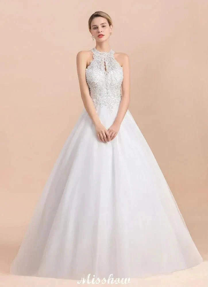 Gorgeous Halter Rhinstones Wedding Dress White Tulle Lace Appliques Aline Bridal Gown - Image 5