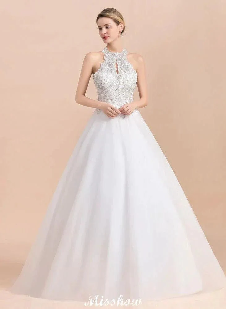 Gorgeous Halter Rhinstones Wedding Dress White Tulle Lace Appliques Aline Bridal Gown - Image 6
