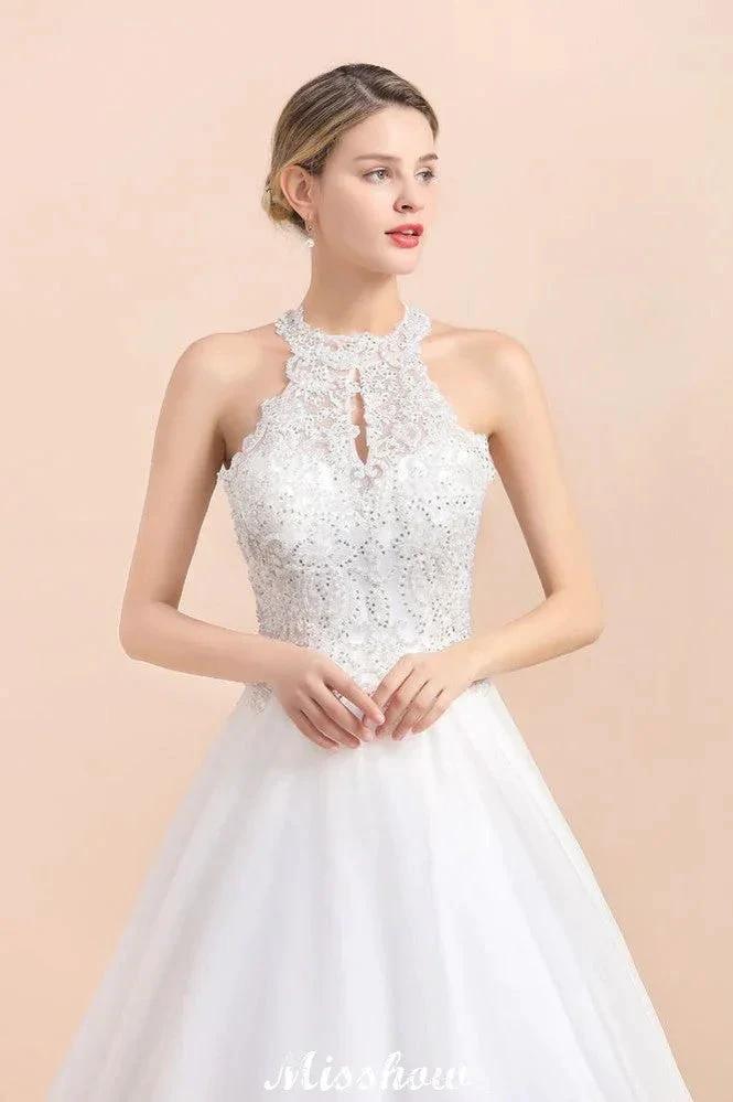 Gorgeous Halter Rhinstones Wedding Dress White Tulle Lace Appliques Aline Bridal Gown - Image 7
