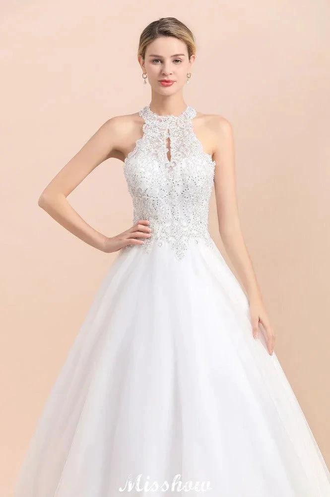 Gorgeous Halter Rhinstones Wedding Dress White Tulle Lace Appliques Aline Bridal Gown - Image 8
