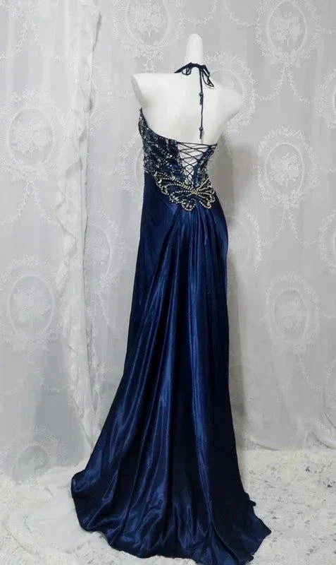 Gorgeous Halter Satin Beaded Slit Evening Dress Formal Party Prom Dress Y7927 - Image 3