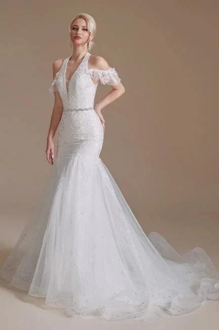 Gorgeous Halter Sleeveless Mermaid Floor-Length Tulle Wedding Dresses with Applique - Image 2