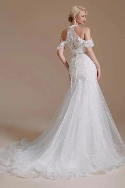 Gorgeous Halter Sleeveless Mermaid Floor-Length Tulle Wedding Dresses with Applique - Image 3