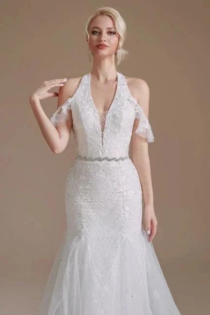Gorgeous Halter Sleeveless Mermaid Floor-Length Tulle Wedding Dresses with Applique - Image 4