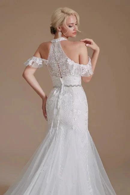 Gorgeous Halter Sleeveless Mermaid Floor-Length Tulle Wedding Dresses with Applique - Image 5