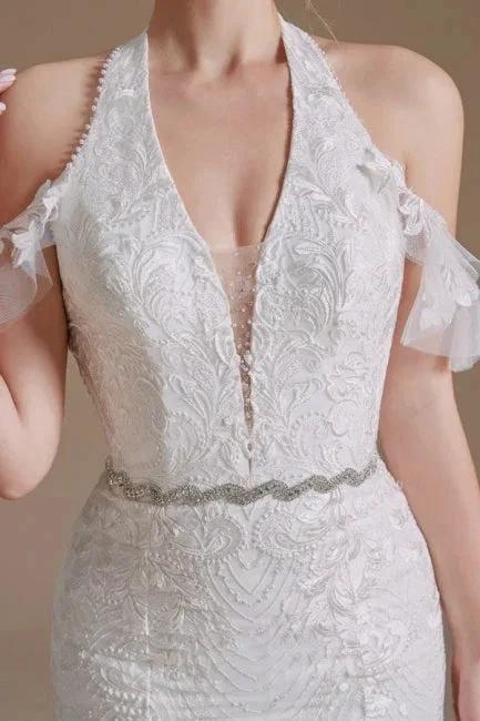 Gorgeous Halter Sleeveless Mermaid Floor-Length Tulle Wedding Dresses with Applique - Image 6
