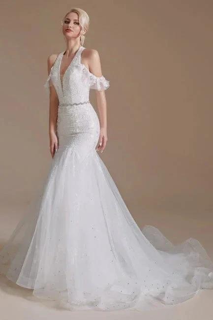 Gorgeous Halter Sleeveless Mermaid Floor-Length Tulle Wedding Dresses with Applique - Image 7