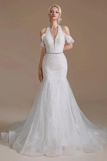 Gorgeous Halter Sleeveless Mermaid Floor-Length Tulle Wedding Dresses with Applique - Image 9