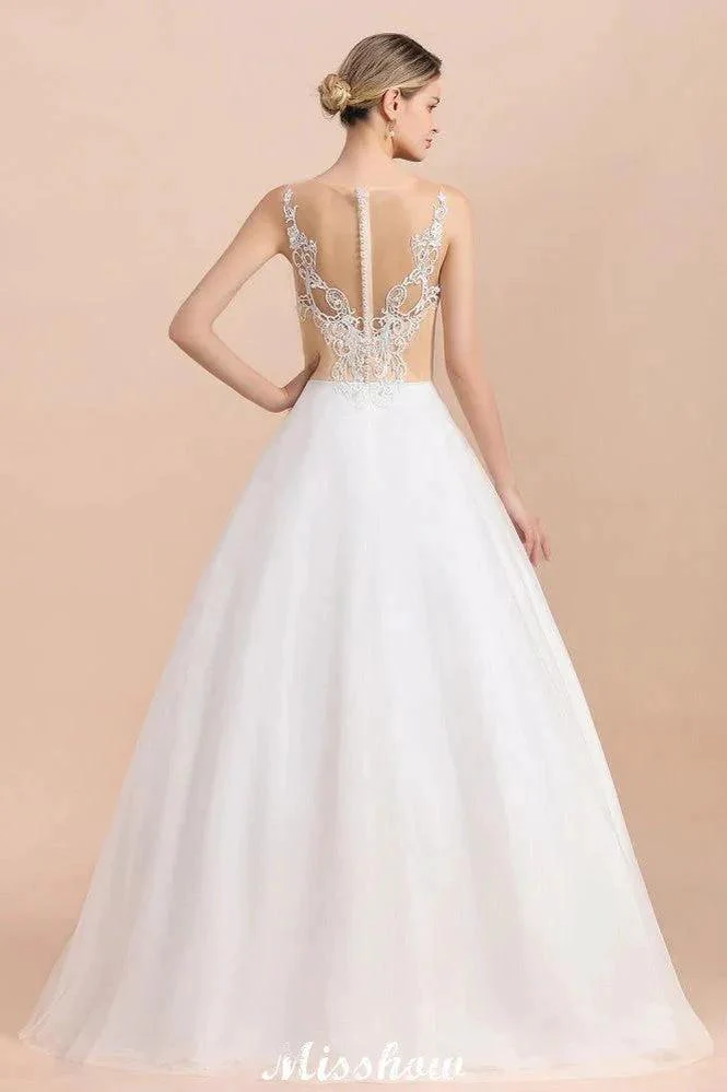Gorgeous Illusion Neck Button Sleeveless White Ball Gown Wedding Dress - Image 2