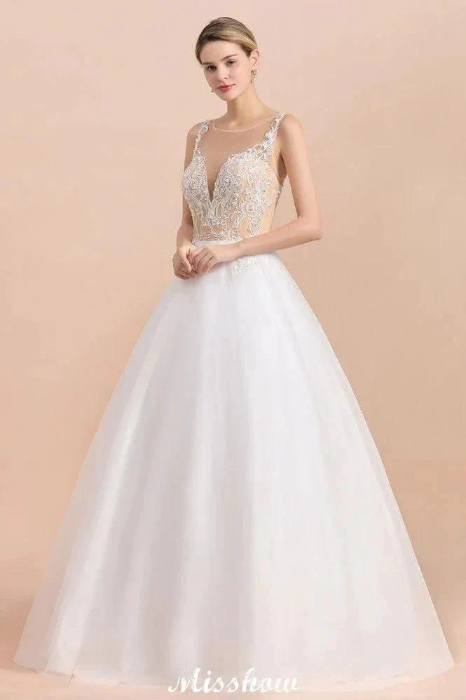Gorgeous Illusion Neck Button Sleeveless White Ball Gown Wedding Dress - Image 3