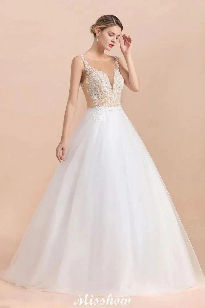 Gorgeous Illusion Neck Button Sleeveless White Ball Gown Wedding Dress - Image 4