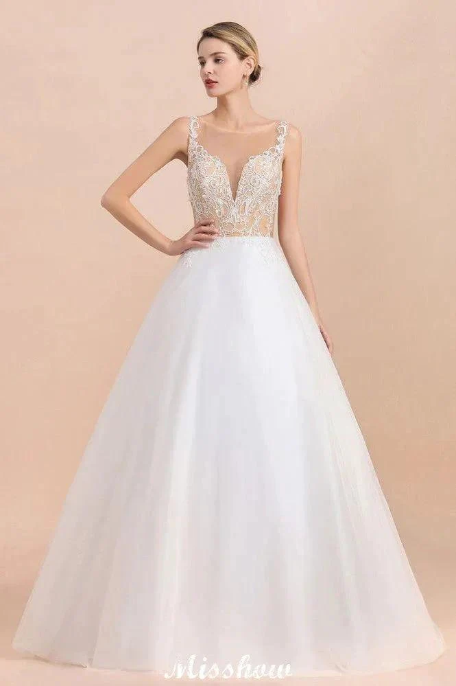 Gorgeous Illusion Neck Button Sleeveless White Ball Gown Wedding Dress - Image 5