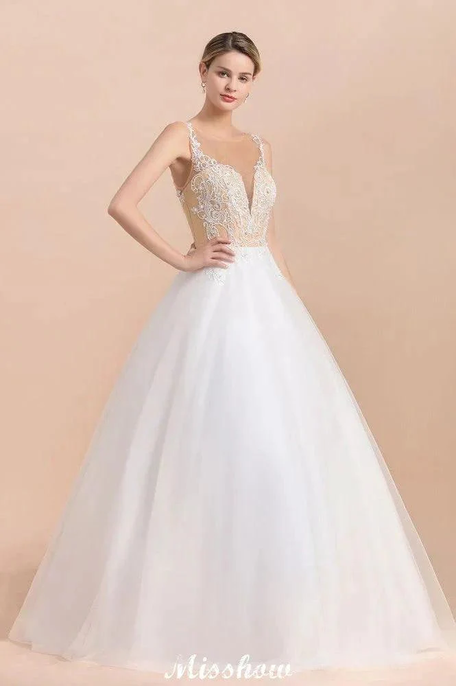 Gorgeous Illusion Neck Button Sleeveless White Ball Gown Wedding Dress - Image 6