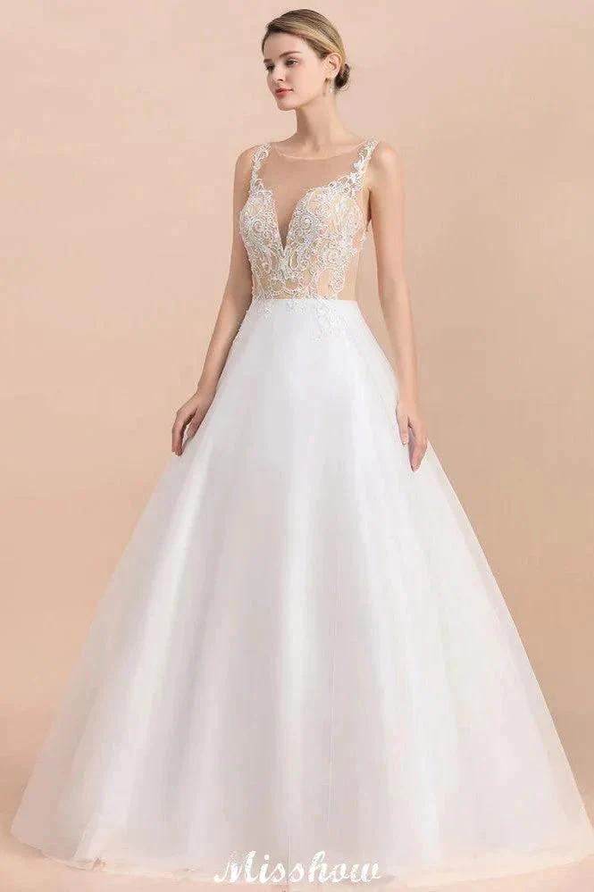 Gorgeous Illusion Neck Button Sleeveless White Ball Gown Wedding Dress - Image 7