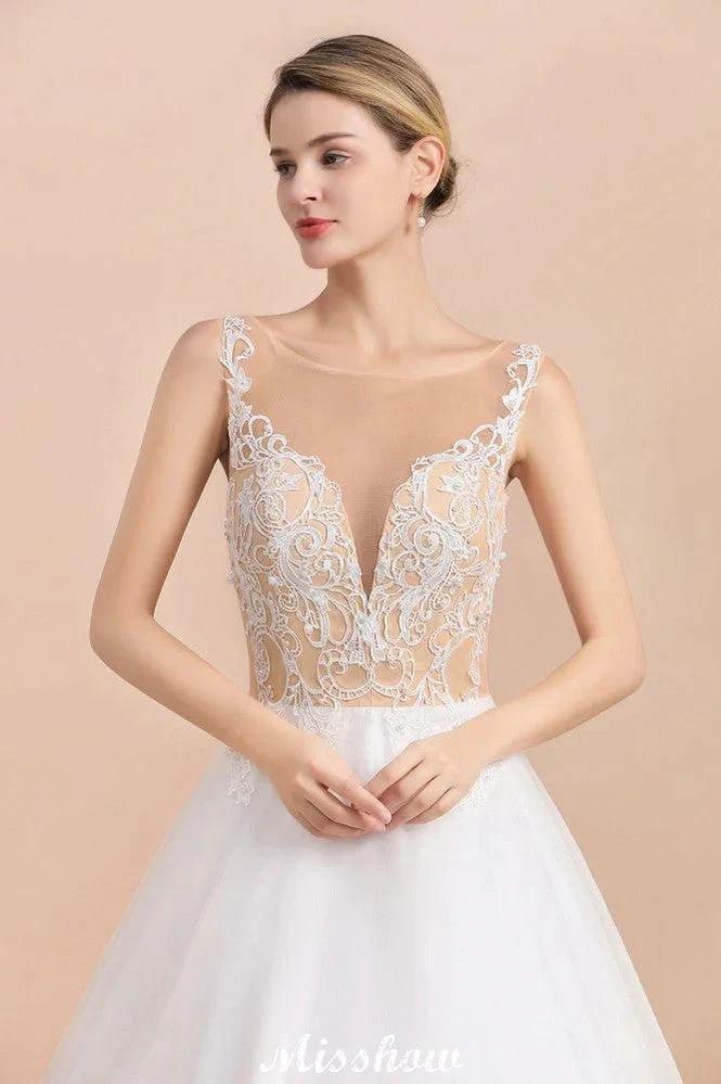 Gorgeous Illusion Neck Button Sleeveless White Ball Gown Wedding Dress - Image 8