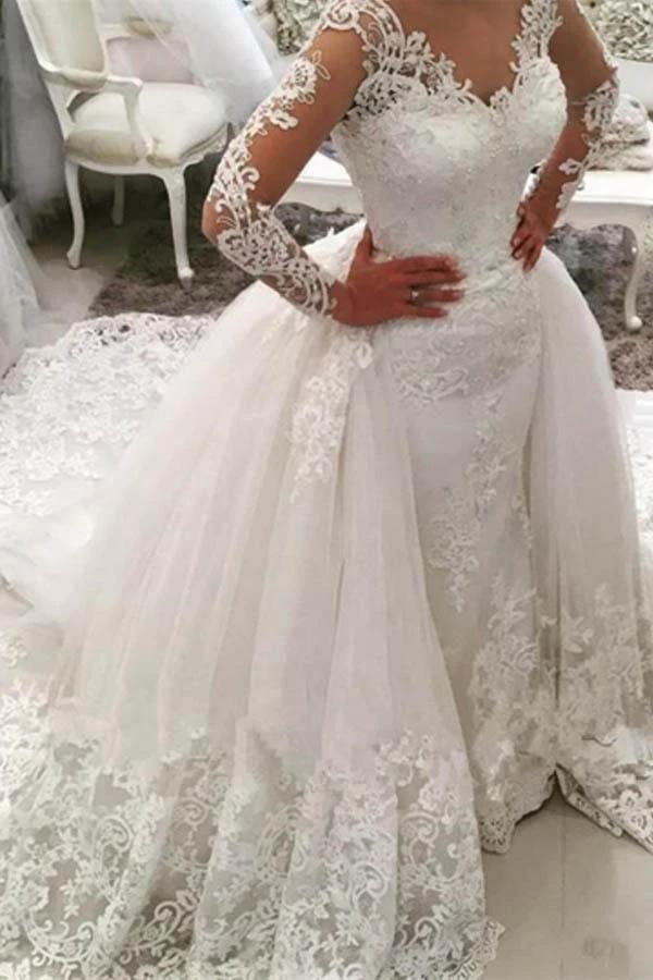 Gorgeous Ivory Long Mermaid V-Neck Appliques Lace Wedding Dress with Sleeves