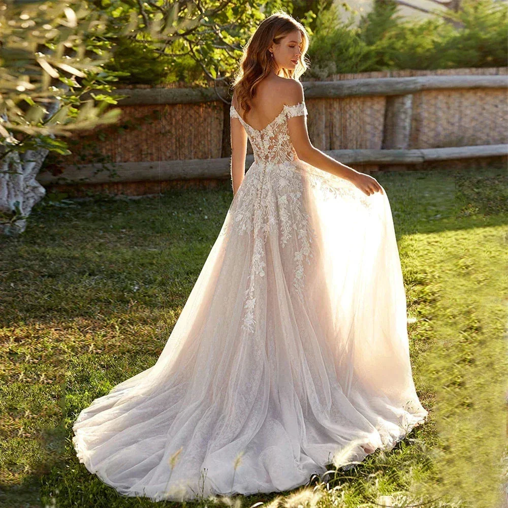 Gorgeous Lace Beach Mopping Wedding Dresses Off the Shoulder Appliques A Line Boho Bride Dresses Princess Wedding Gown Robe - Image 2