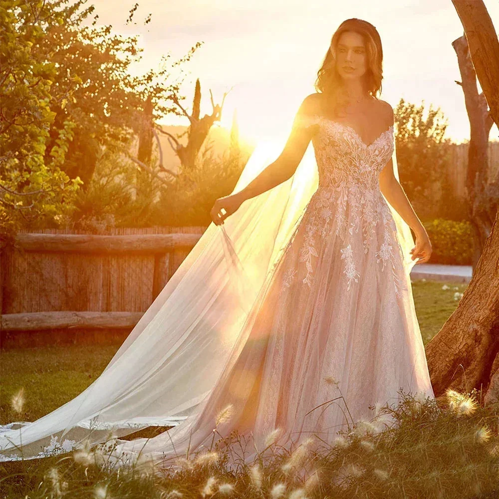 Gorgeous Lace Beach Mopping Wedding Dresses Off the Shoulder Appliques A Line Boho Bride Dresses Princess Wedding Gown Robe - Image 3