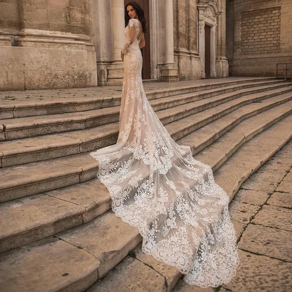 Gorgeous Lace Long Sleeve Mermaid Wedding Dresses Tulle Bridal Gown For Women Cathedral Train V-Neck Appliques Button Back - Image 2