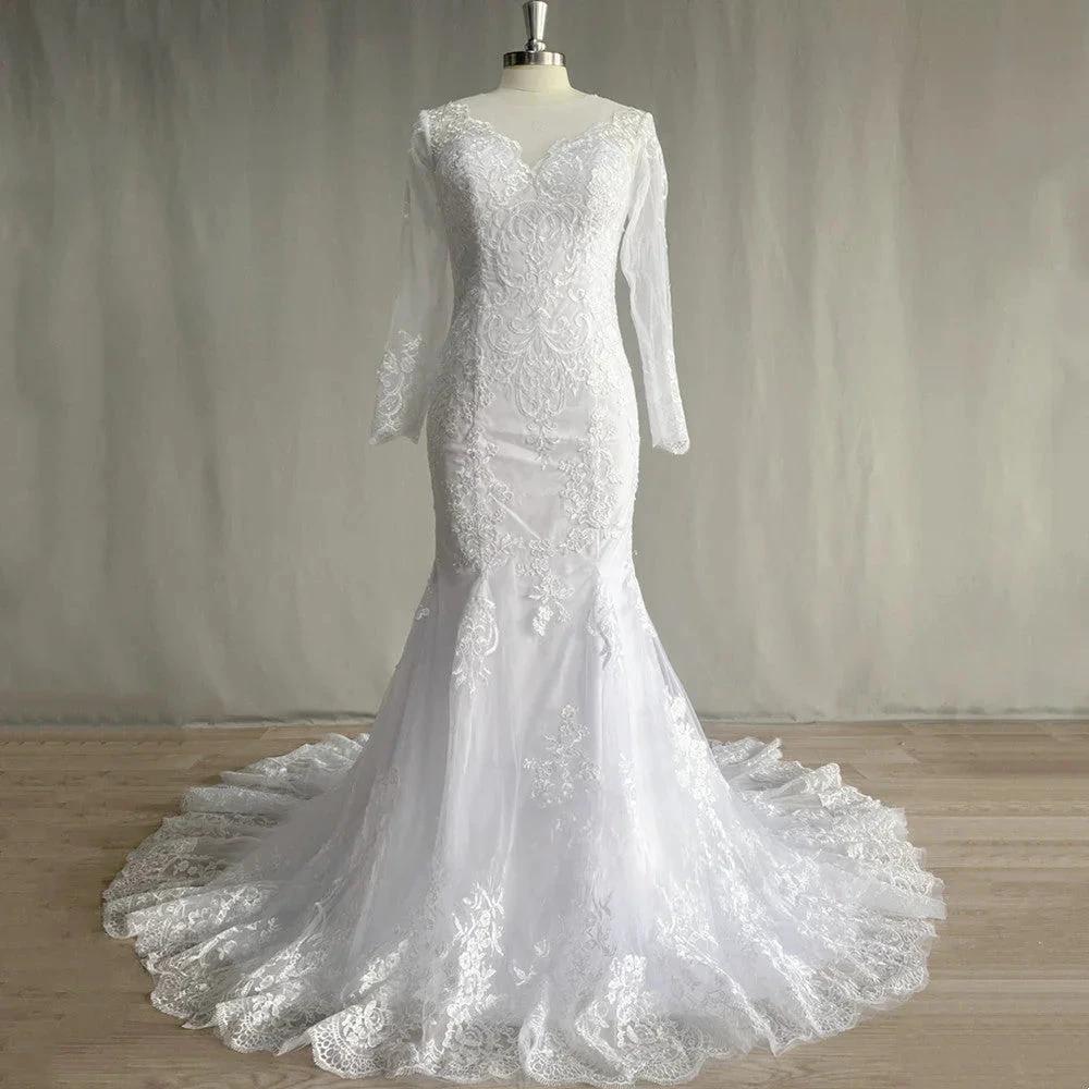 Gorgeous Lace Long Sleeve Mermaid Wedding Dresses Tulle Bridal Gown For Women Cathedral Train V-Neck Appliques Button Back - Image 4