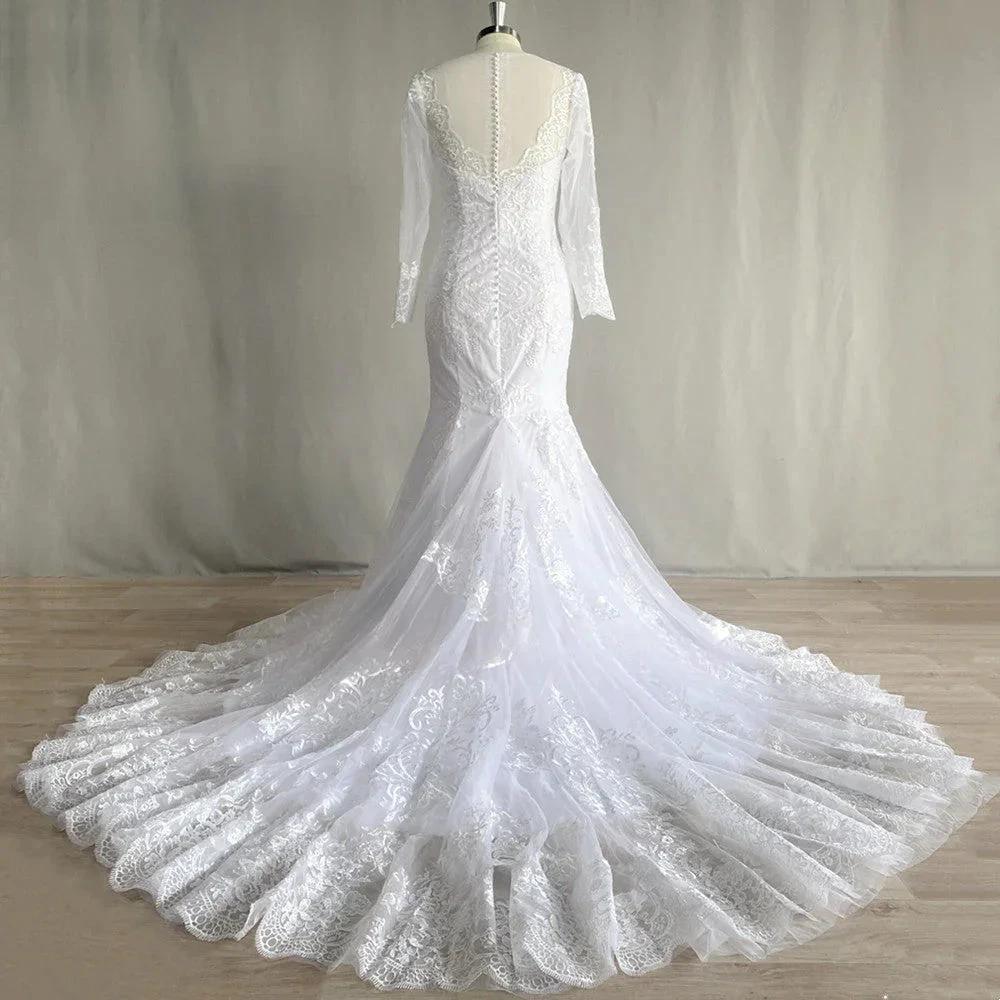 Gorgeous Lace Long Sleeve Mermaid Wedding Dresses Tulle Bridal Gown For Women Cathedral Train V-Neck Appliques Button Back - Image 5