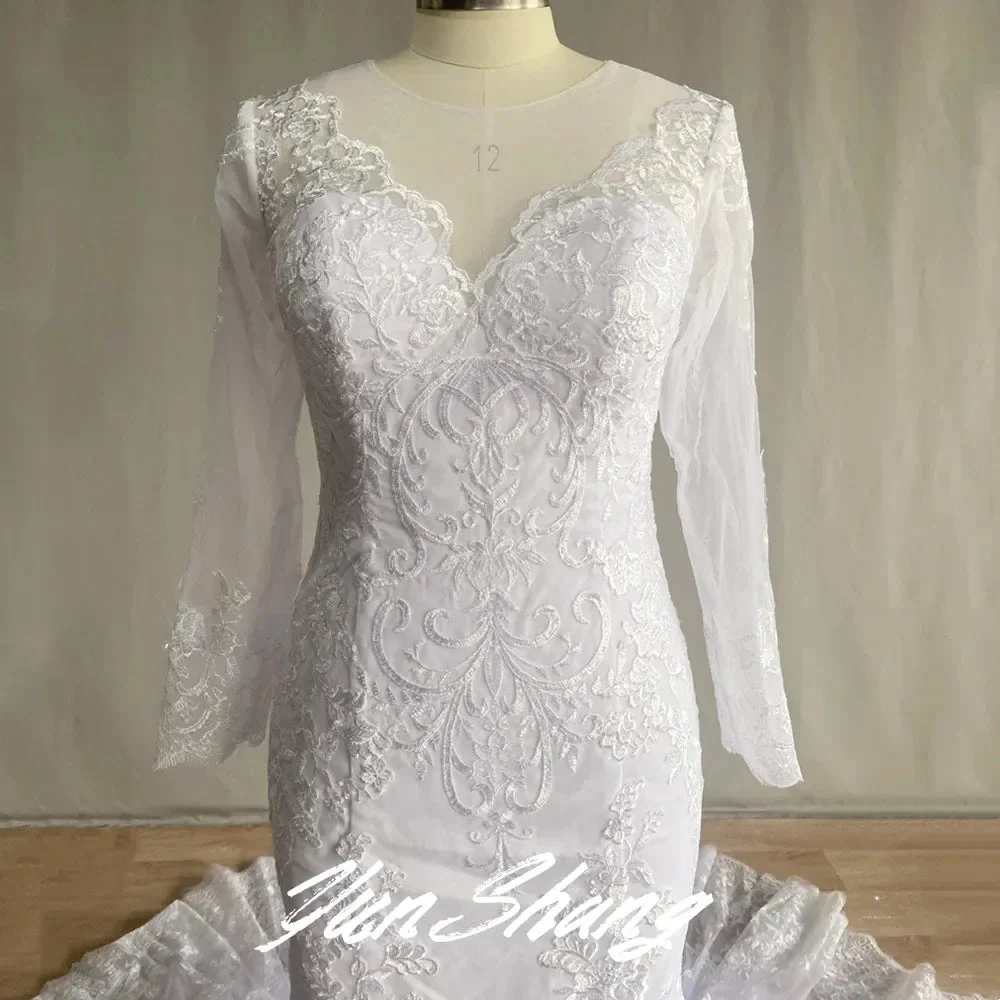 Gorgeous Lace Long Sleeve Mermaid Wedding Dresses Tulle Bridal Gown For Women Cathedral Train V-Neck Appliques Button Back - Image 6