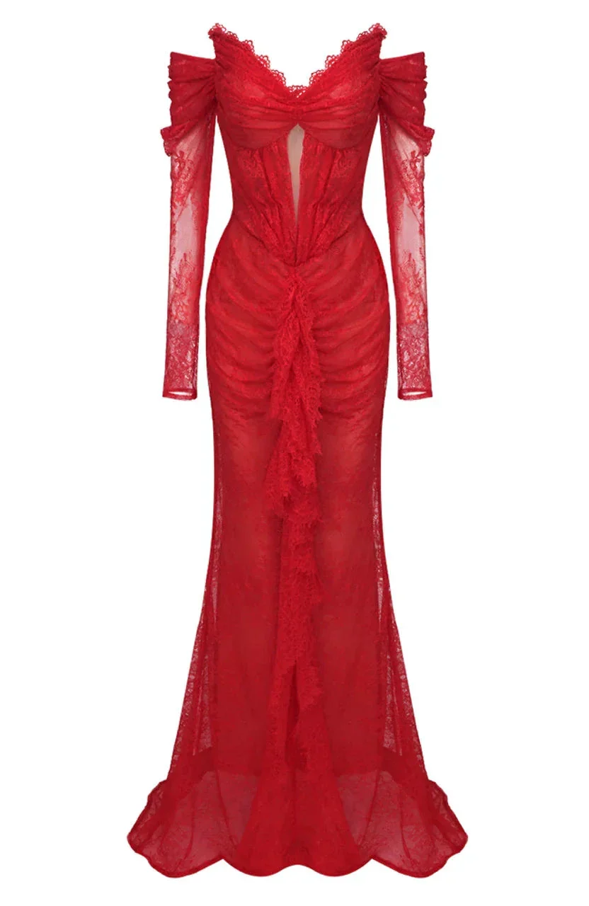 Gorgeous Lace Pleated Red Evening Dress Elegant Prom Dress Y7694 - Image 2