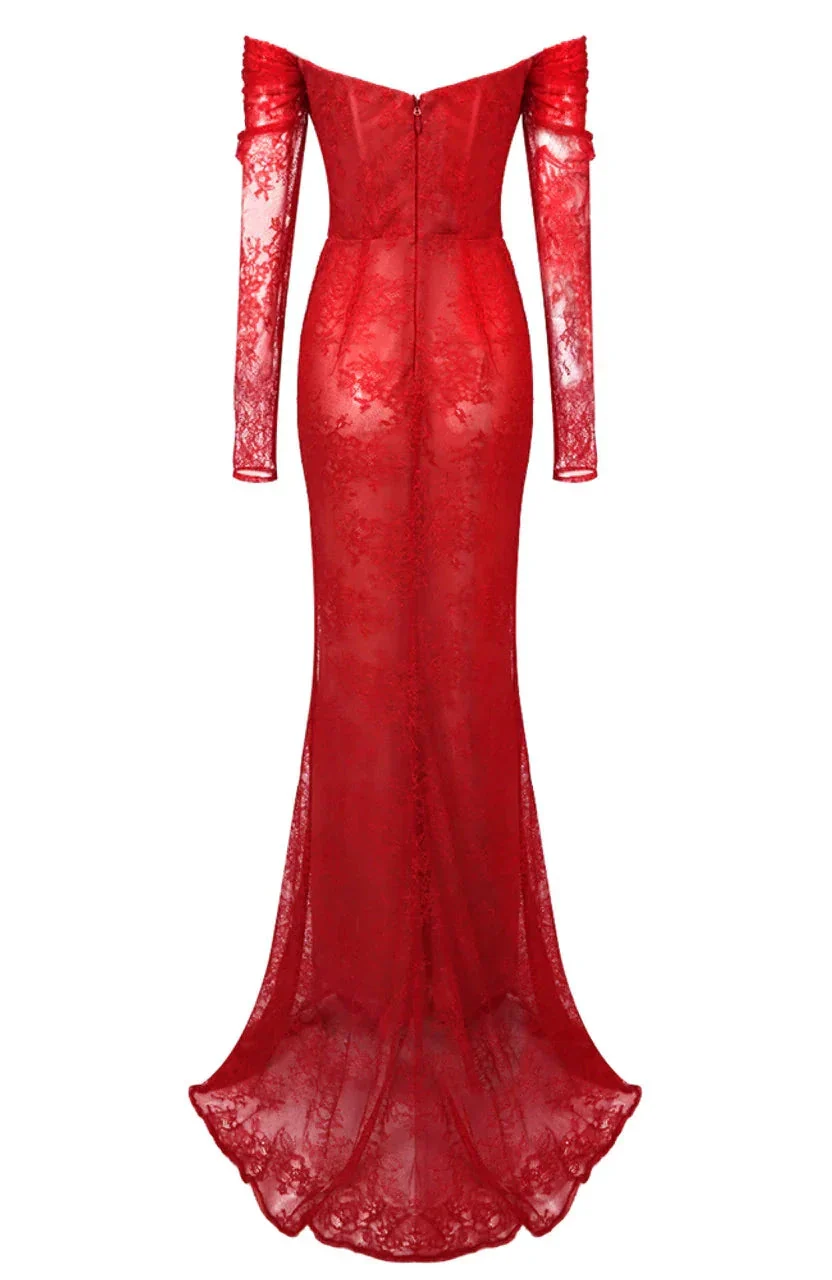 Gorgeous Lace Pleated Red Evening Dress Elegant Prom Dress Y7694 - Image 3