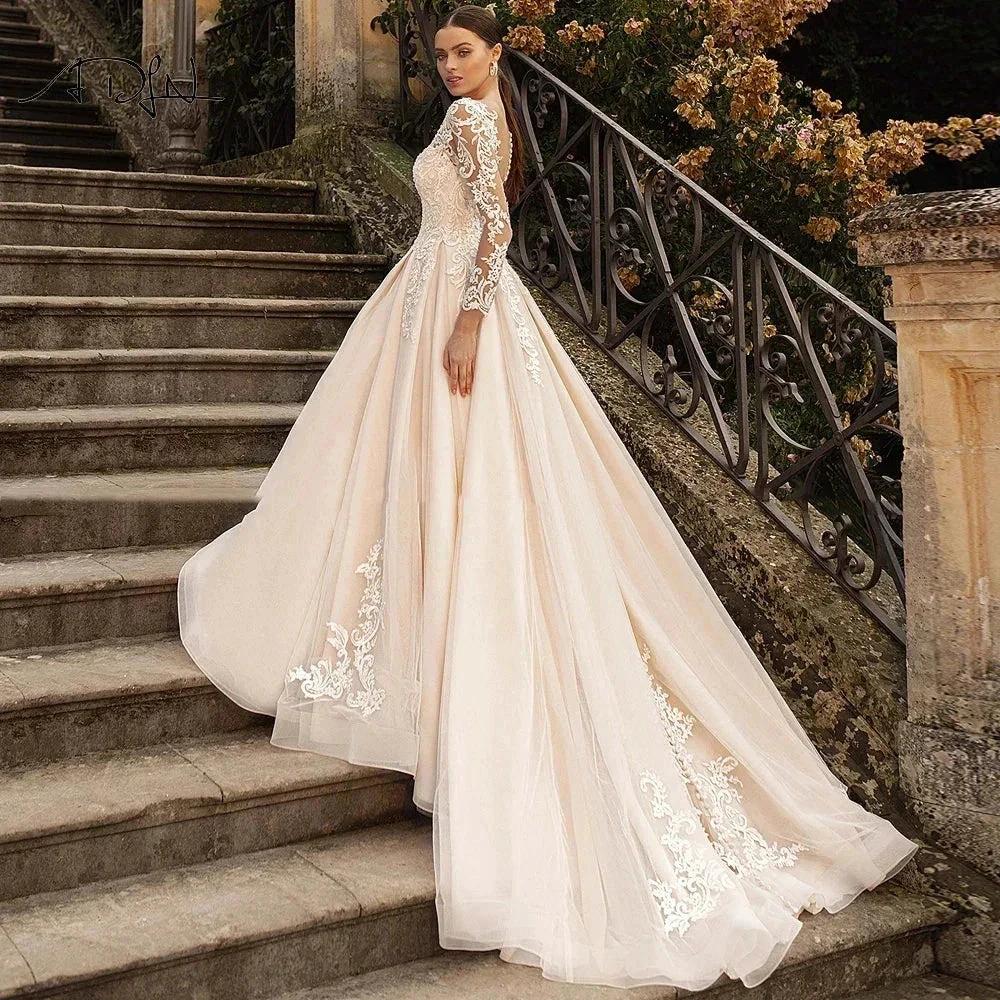 Gorgeous Lace Wedding Dresses Long Sleeve Women's Elegant Tulle Sticker Floral Champagne Bridal Gowns Princess Formal Party Robe - Image 2