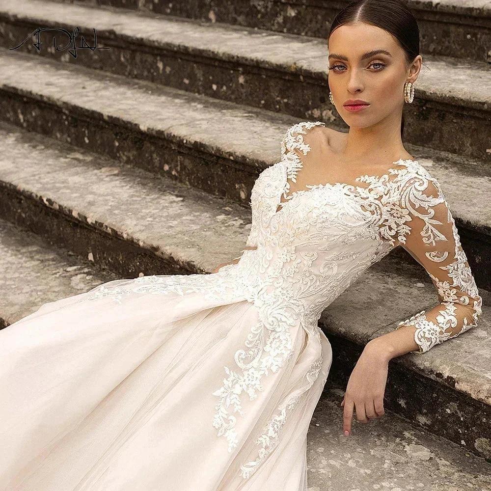 Gorgeous Lace Wedding Dresses Long Sleeve Women's Elegant Tulle Sticker Floral Champagne Bridal Gowns Princess Formal Party Robe - Image 3