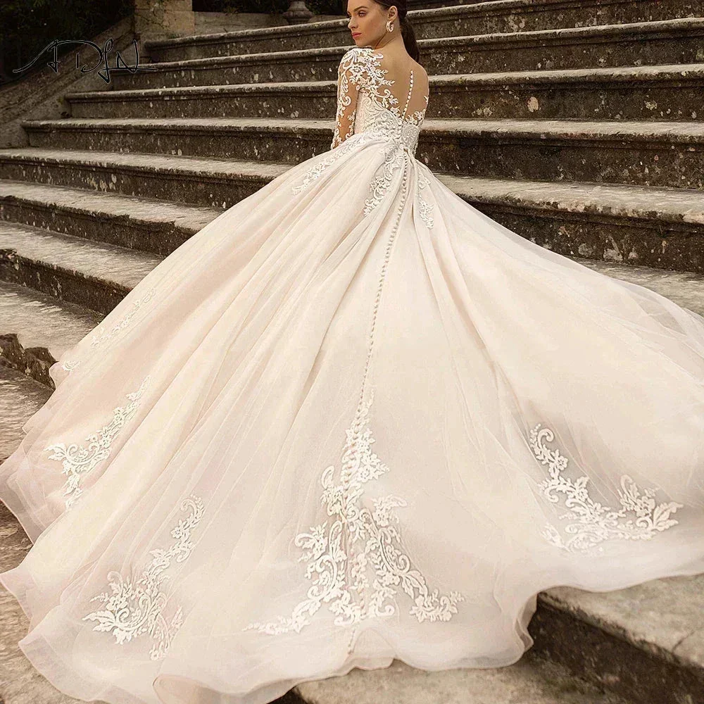 Gorgeous Lace Wedding Dresses Long Sleeve Women's Elegant Tulle Sticker Floral Champagne Bridal Gowns Princess Formal Party Robe - Image 4