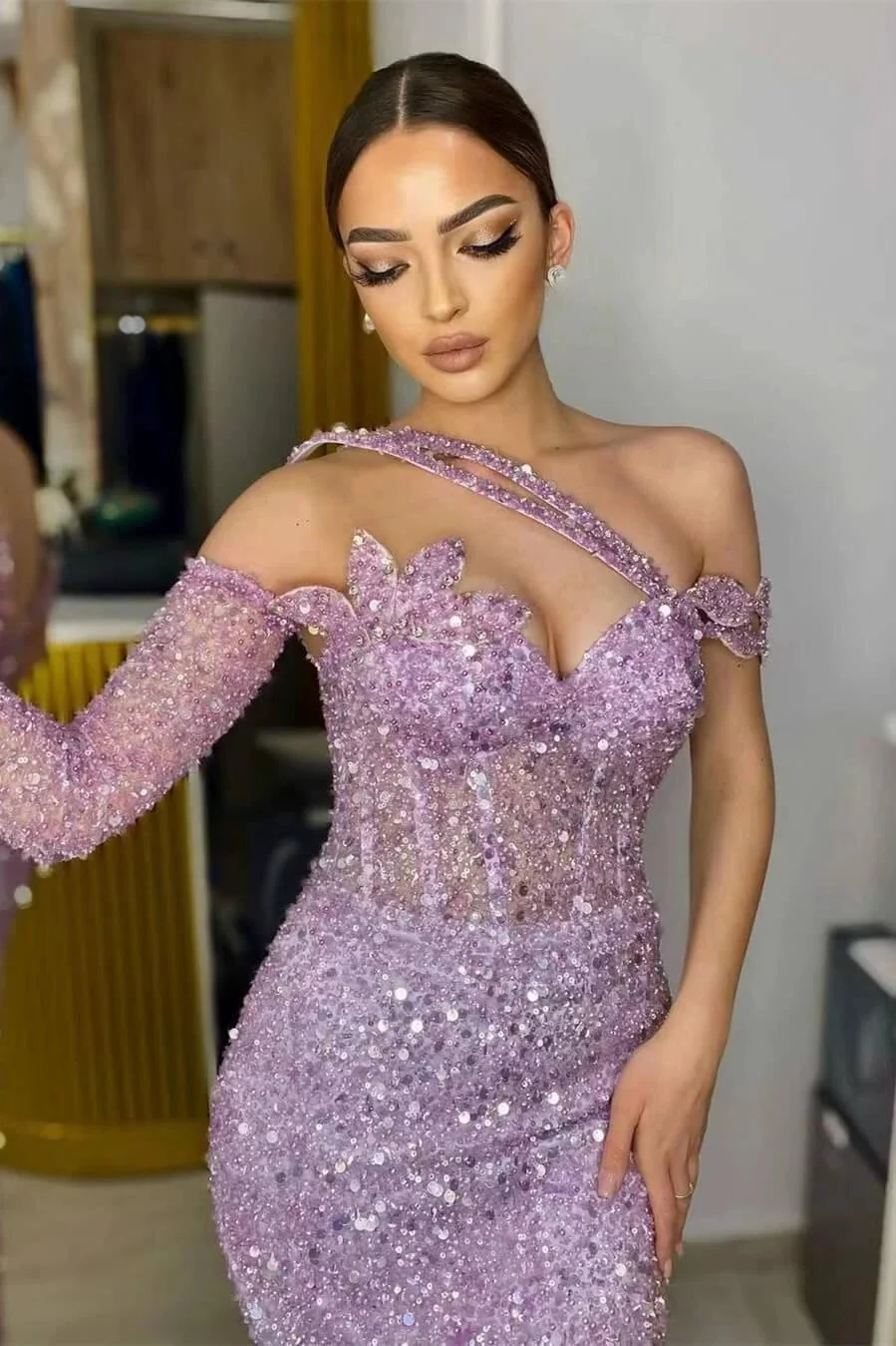 Gorgeous Lavender Sequins One Shoulder Mermaid Prom Dress with Long Sleeves - Image 2