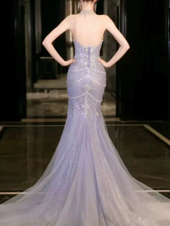 Gorgeous Lilac Tulle Beaded Wedding Prom Dress Mermaid Evening Dress Y8057 - Image 3