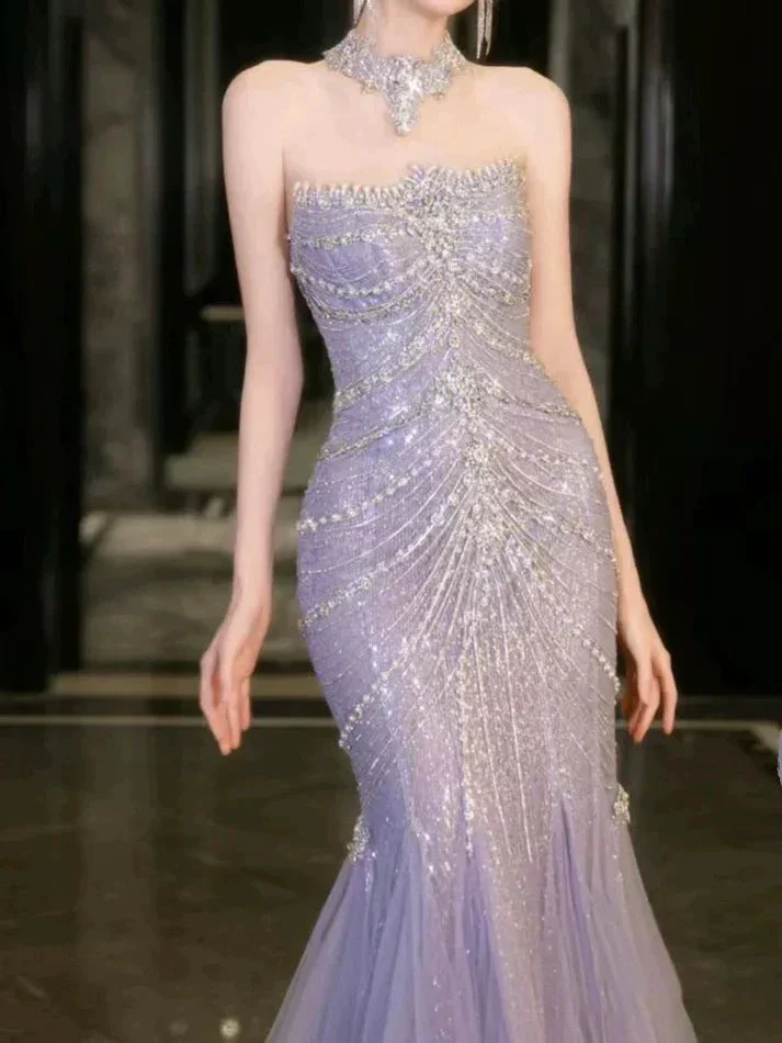Gorgeous Lilac Tulle Beaded Wedding Prom Dress Mermaid Evening Dress Y8057 - Image 4