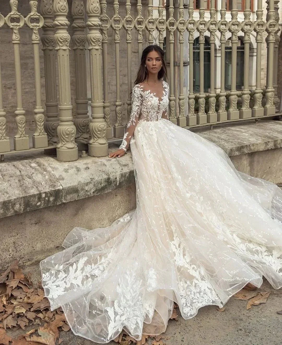 Gorgeous Long A-Line Bateau Appliques Lace Train Wedding Dress with Sleeves - Image 2