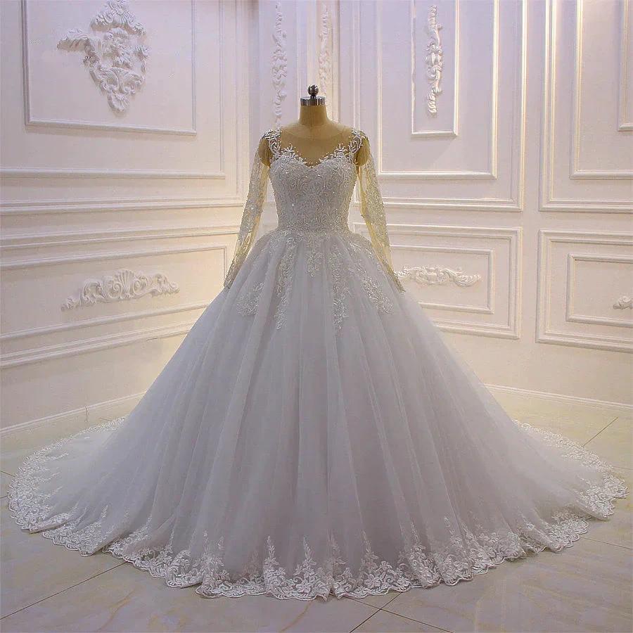 Gorgeous Long A-Line Bateau Pearl Tulle Appliques Lace Wedding Dress with Sleeves - Image 2
